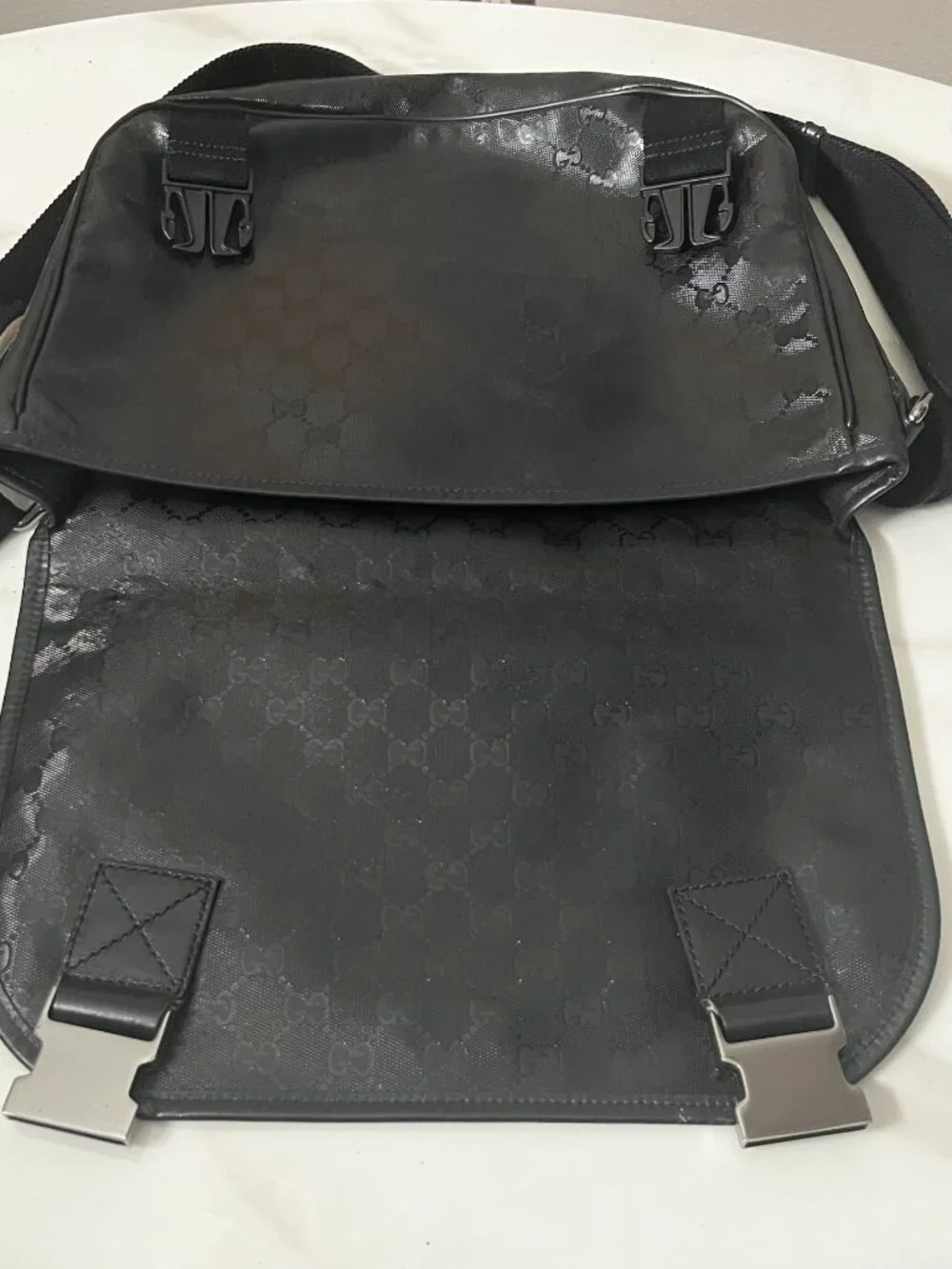 Gucci GG Imprime Monogram Double Buckle Flap Messenger Bag